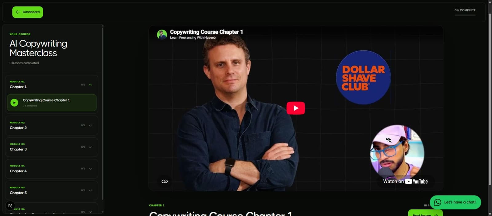 AI Copywriting Masterclass lesson player with the module list, progress, and a video lesson from Haseeb.