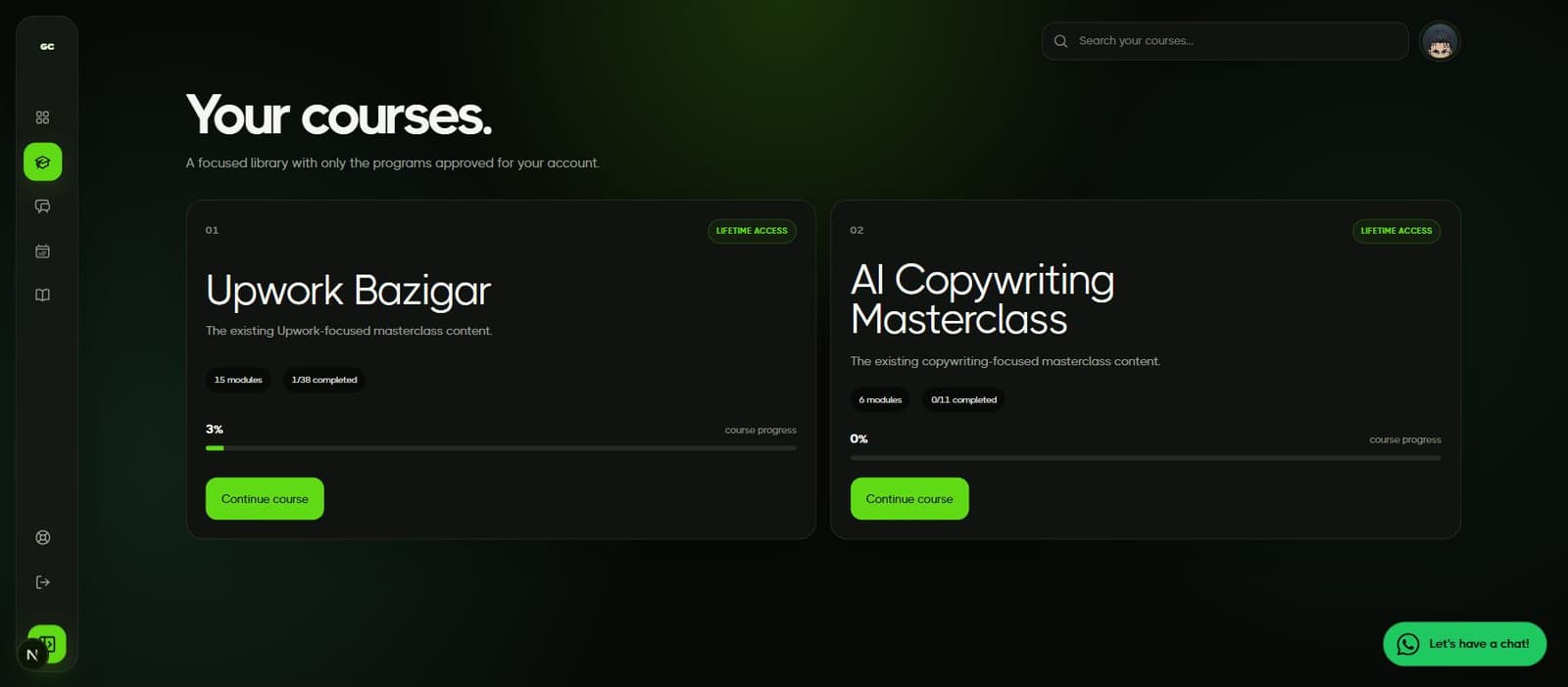 Student course library showing Upwork Bazigar and AI Copywriting Masterclass with lifetime access.