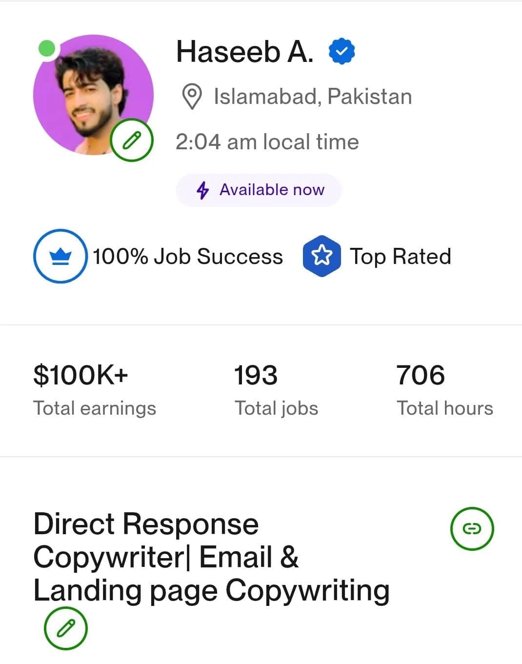 Haseeb's Upwork profile showing $100K+ earnings, 193 jobs, 706 hours, 100% Job Success, and Top Rated status.