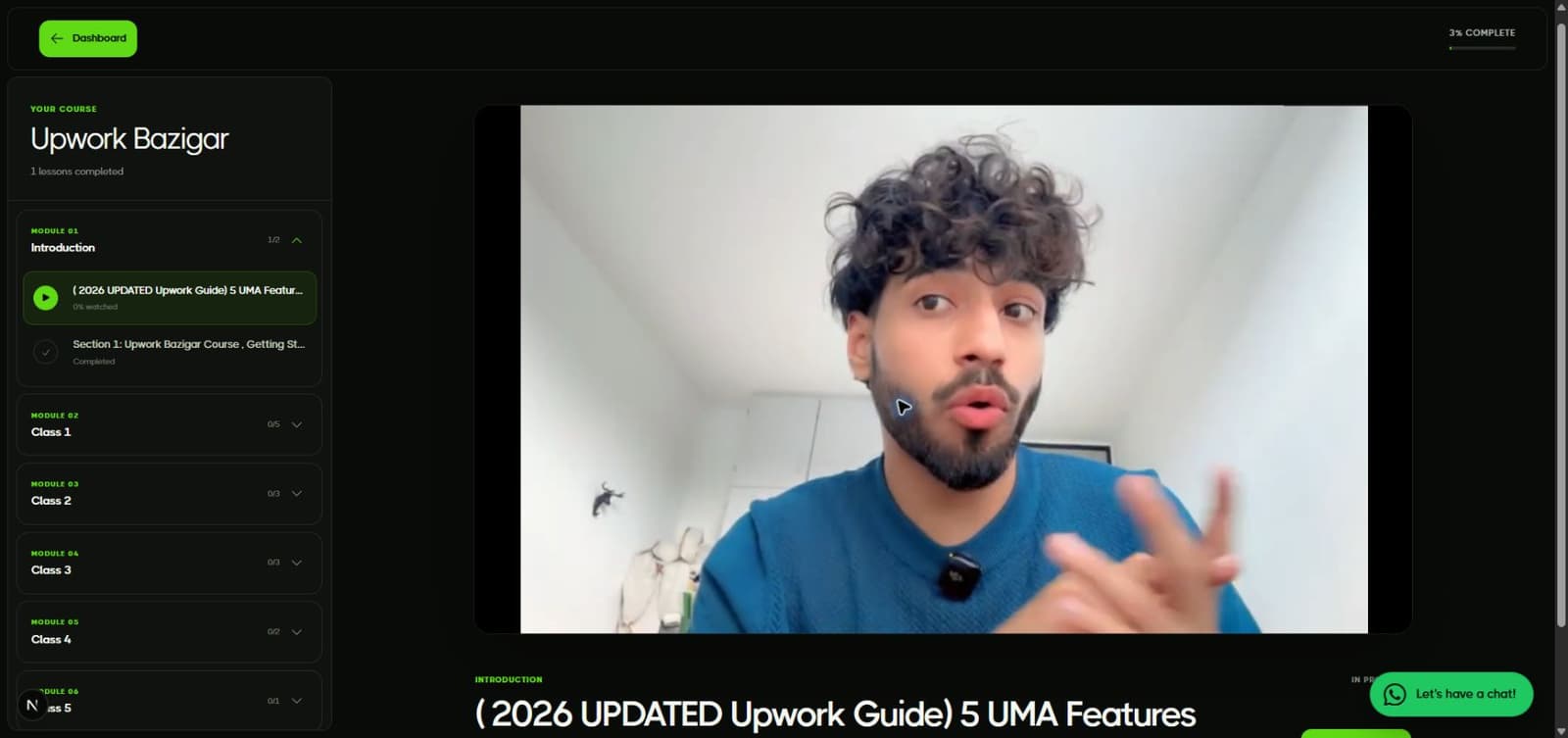 Upwork Bazigar lesson player with course modules, progress, and a video lesson from Haseeb.