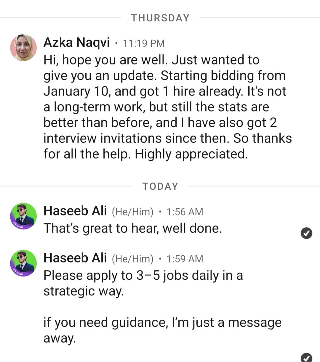 Student progress message 1 from the Upwork Bazigar masterclass.