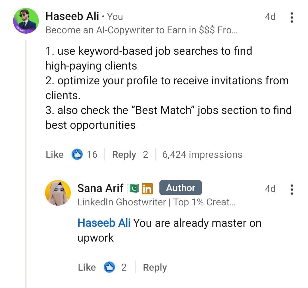 Student progress message 4 from the Upwork Bazigar masterclass.