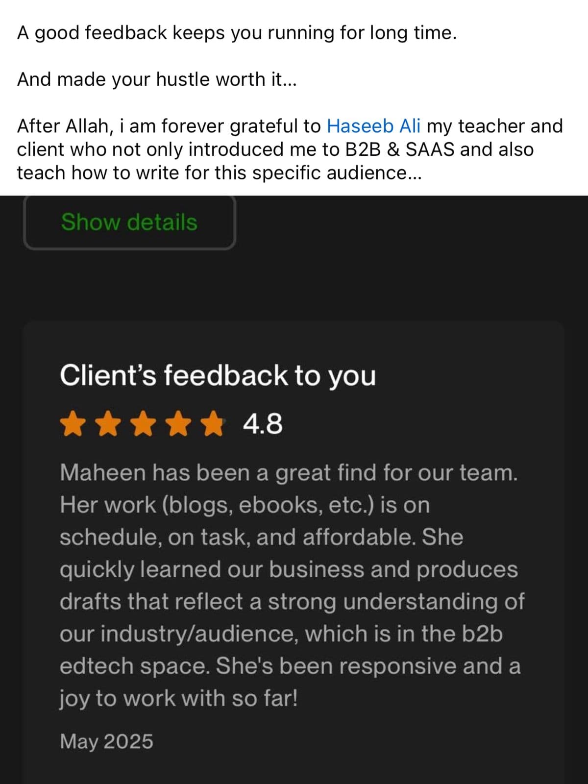 Student progress message 11 from the Upwork Bazigar masterclass.