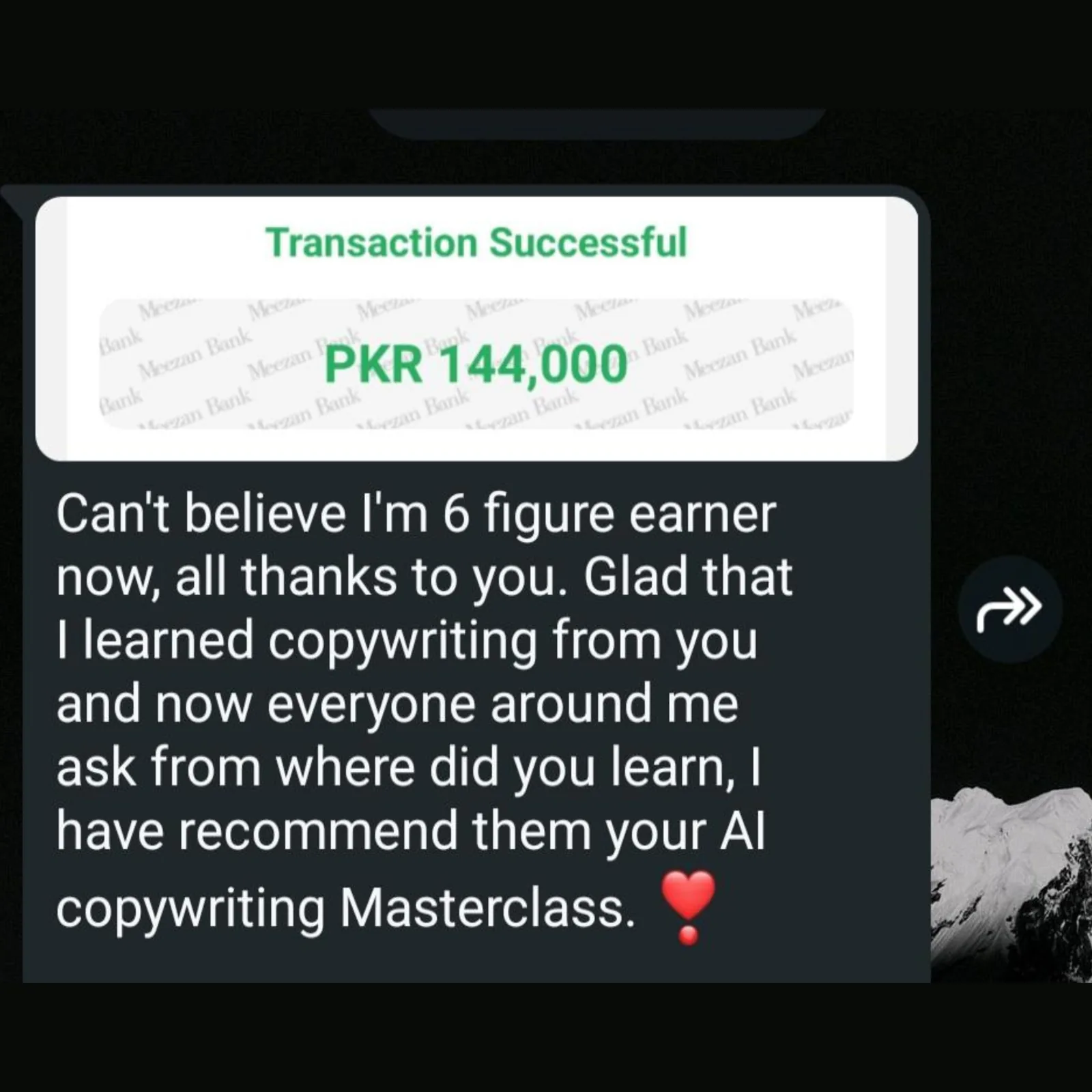 Designed student testimonial card 01 from the Upwork Bazigar masterclass.