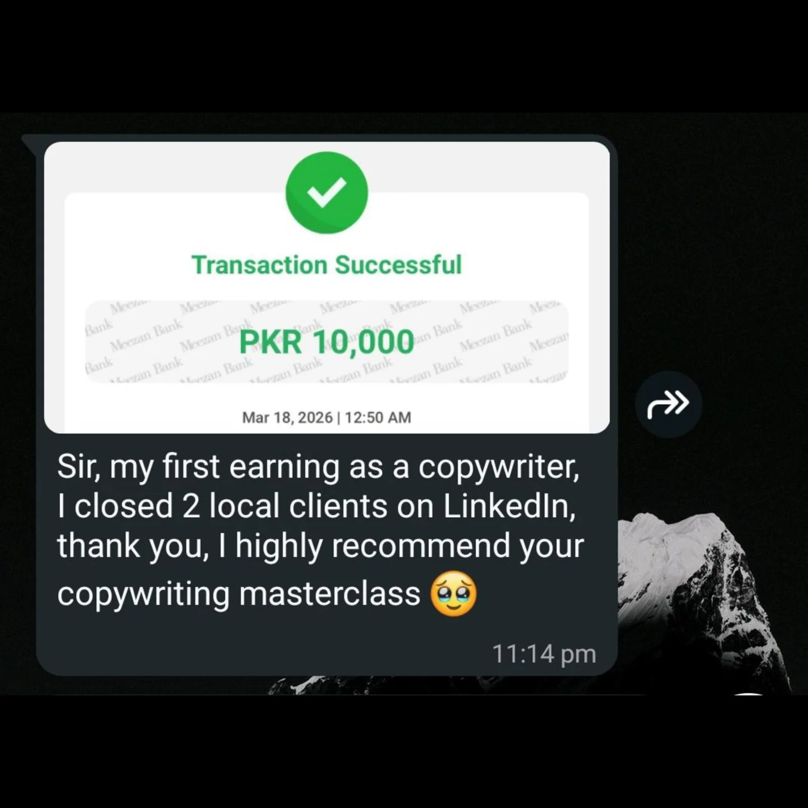 Designed student testimonial card 04 from the Upwork Bazigar masterclass.