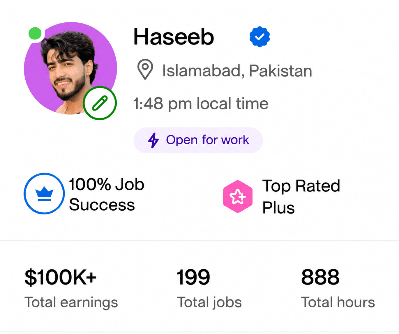 Haseeb's Upwork profile showing Top Rated Plus status and more than $100K earned.